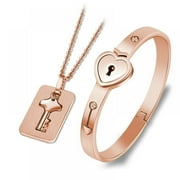 Valentines Days Gifts Concentric Jewelry Couple Set Lock Bracelet Key Necklace Rose Gold